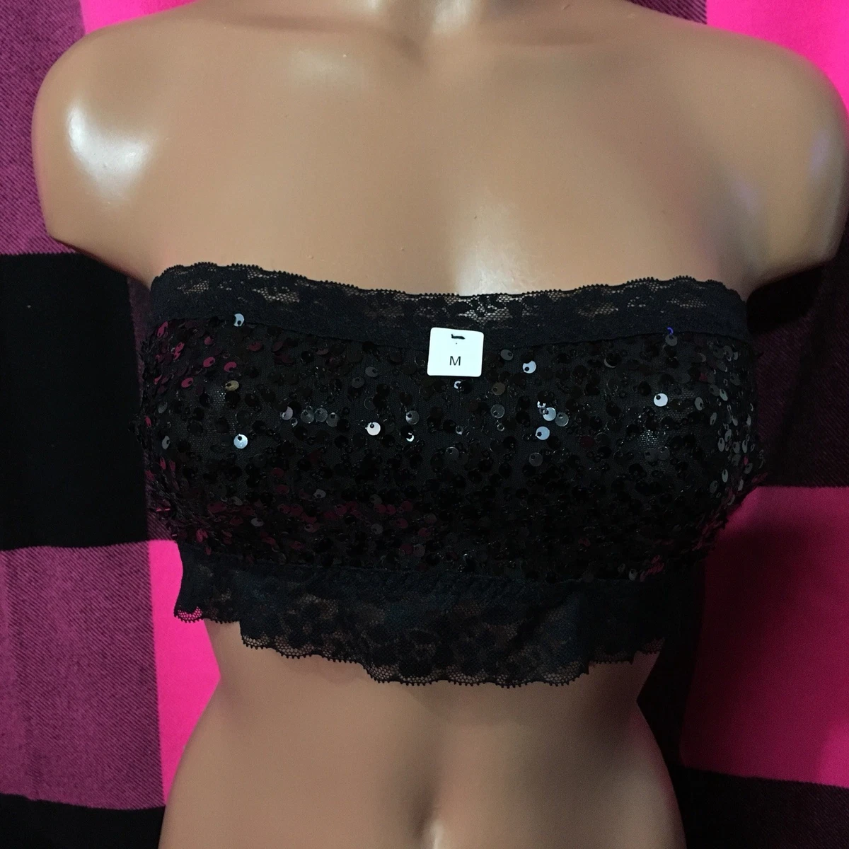 La Senza Bling Sequin Lace Bandeau Bralette Black Unlined Bra Medium M NWT