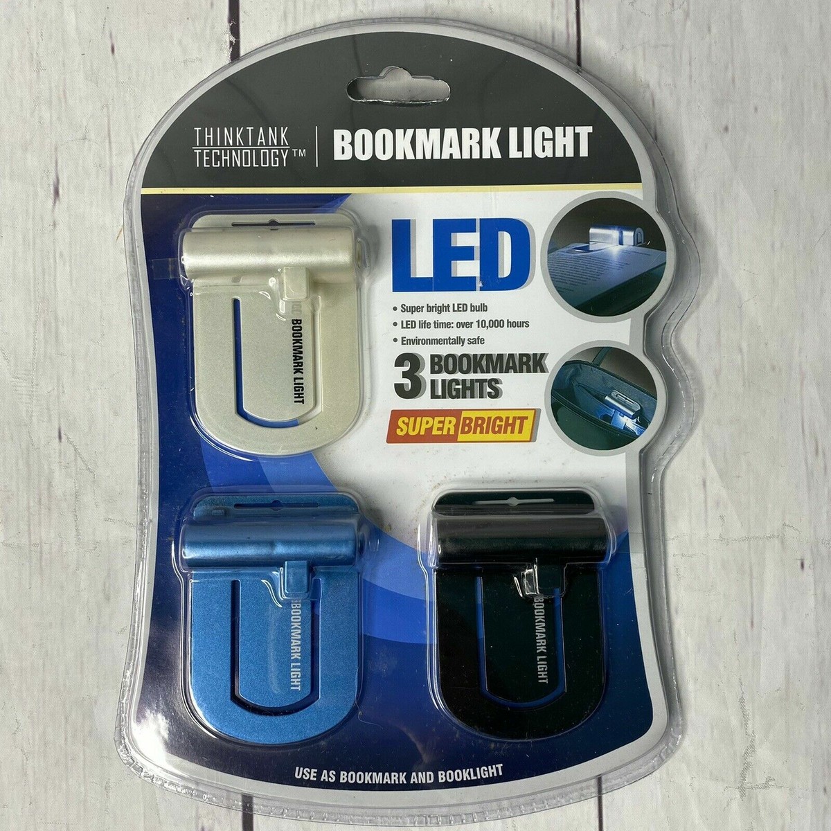 Lot De 3 Lumières LED Signets Think Tank - Noir, Bleu, Blanc, Pile Incluse, Pour Lire Dans Le Noir