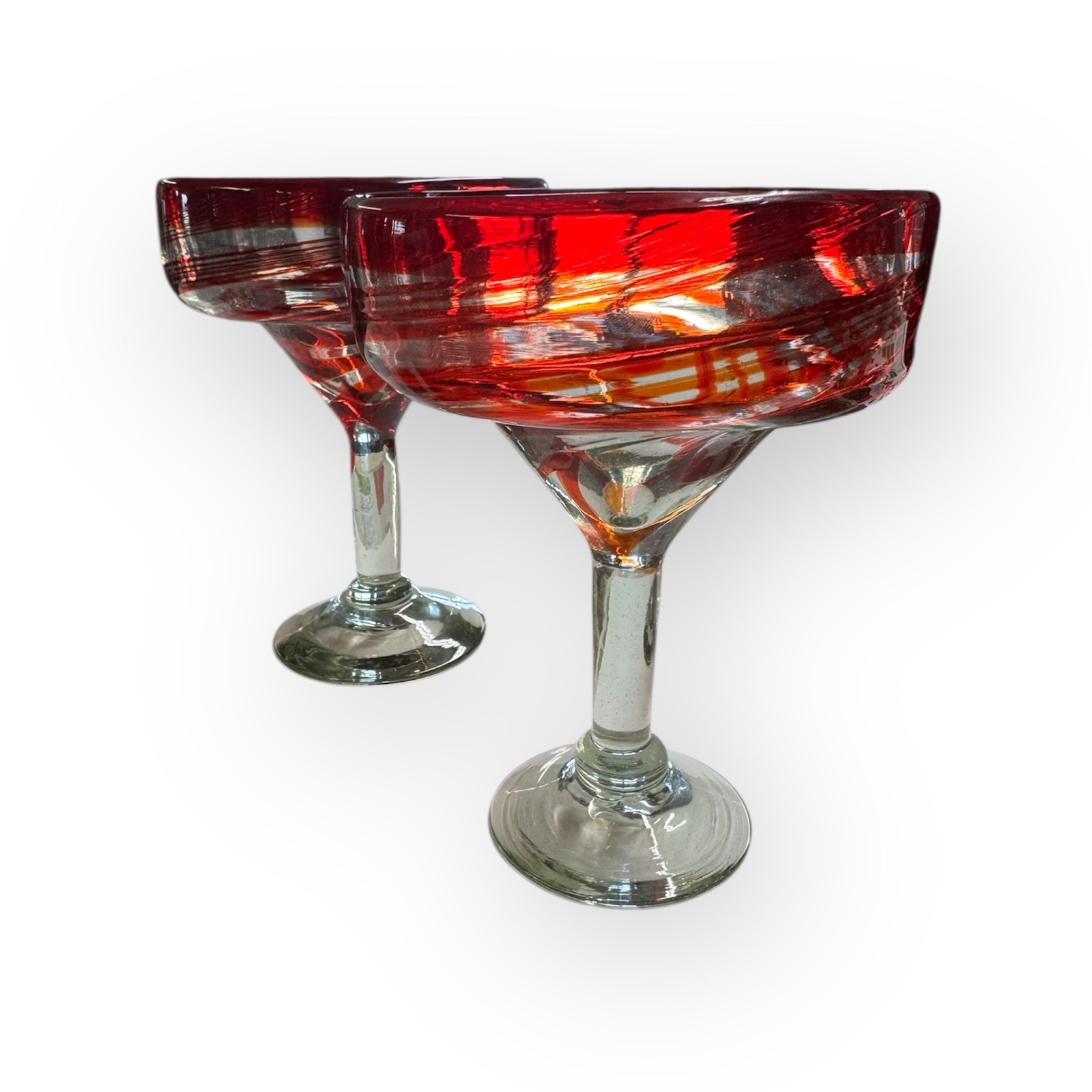 Hand Blown Red Swirl Clear Stem Margarita Cocktail Glass Set Of 2