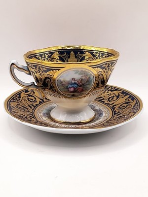 Peint  A Lamain Porcelain Teacup and Saucer. Hand Painted French porcelain