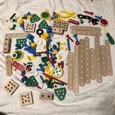 Huge BRIO lot vitnage Construction Set Wood Plastic Toys Tools Stem parts C