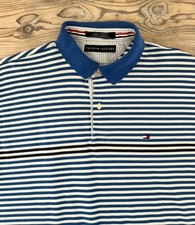 Tommy Hilfiger Polo Shirt Mens L Blue Stripe Short Sleeve 100 Cotton USA 90s