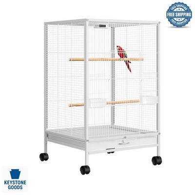 White Wrought Iron 30-Inch Bird Cage with Rolling Stand & Accessories
