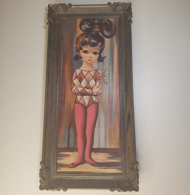 Big Eye Girl Framed Picture Red Tights Black Hair Harlequin Girl 1960s Vintage