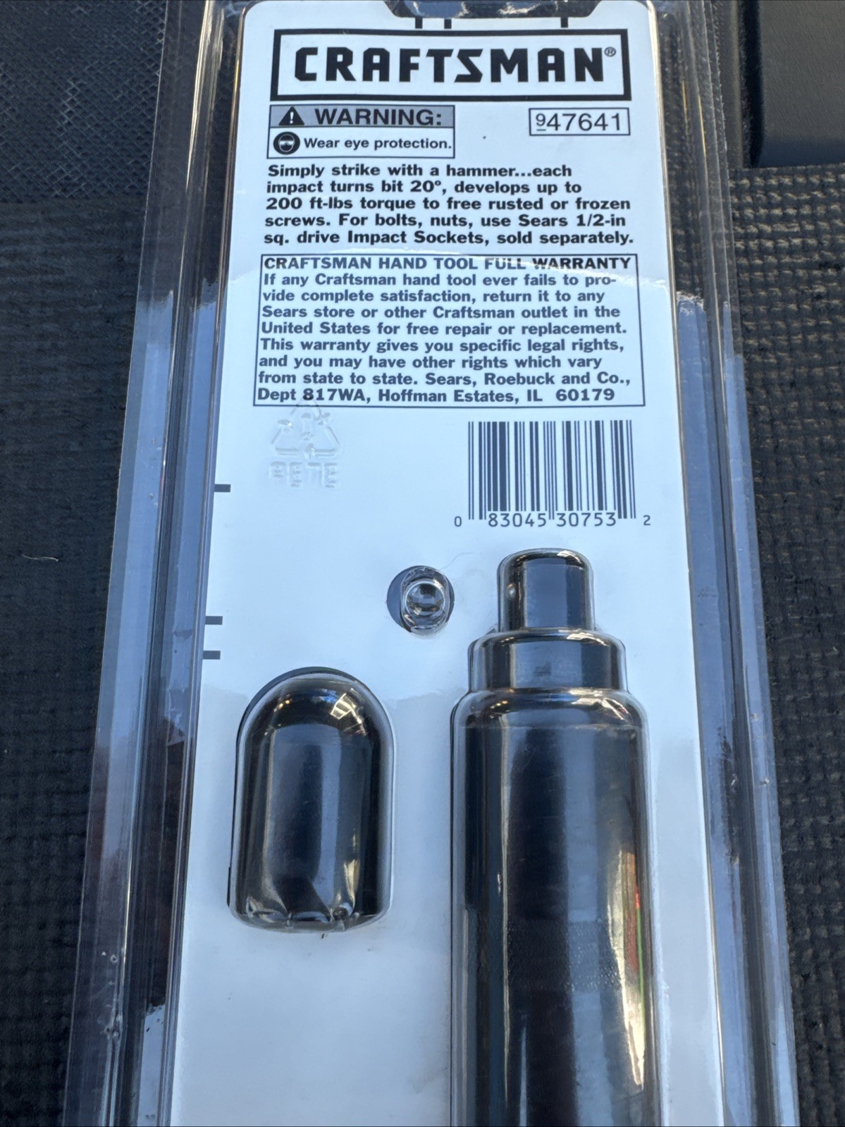 Sears Craftsman 1/2" Drive Manual Impact Driver Set, made in USA Nos Part 47641