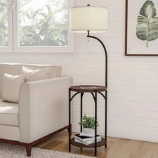 Modern Rustic Floor Lamp with Built-in End Table and USB Charging Port - Black