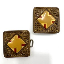Art Deco Czech Belt Buckle Yellow and Red Enamel Brass Filigree Geometric 1930s