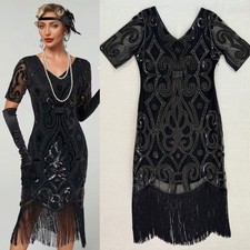 EUC SHEIN Black Flapper Girl Dress Embroidered 1920s Great Gatsby Costume Size L