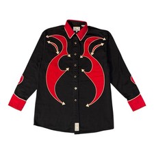 Panhandle Slim Shirt Mens M Black Red Vintage 80s Applique Pearl Snap Rodeo