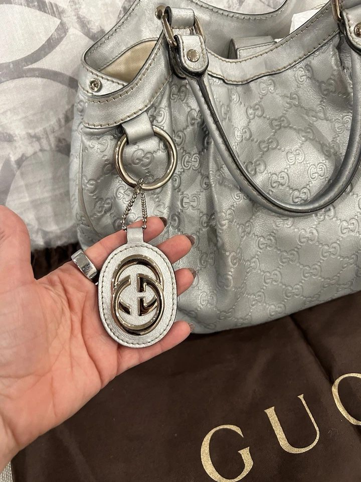 AUTÉNTICO GUCCI Sukey Med Bolso de Mano de Hombro Cuero Guccissima Plateado Foto 2 de 4