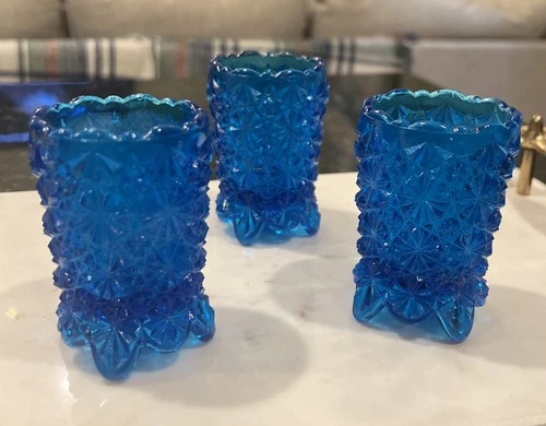 3 VTG Fenton Footed Toothpick Votive Candle Holders Bright Blue Daisy & Button