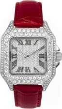 Techno Pave 32mm Iced Out Silver Red Leather Band Watch–Square Shape, Roman Dial