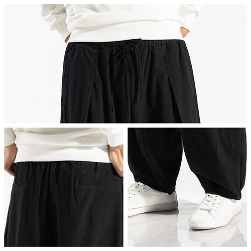 Men Linen Wide Leg Trousers Pants Plain Baggy Tapered Oversize Solid - Picture 12 of 21