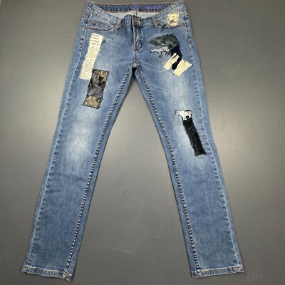 Flying Monkey Patched Jeans Women s 29 Skinny Blue Distressed Boho Embroidered