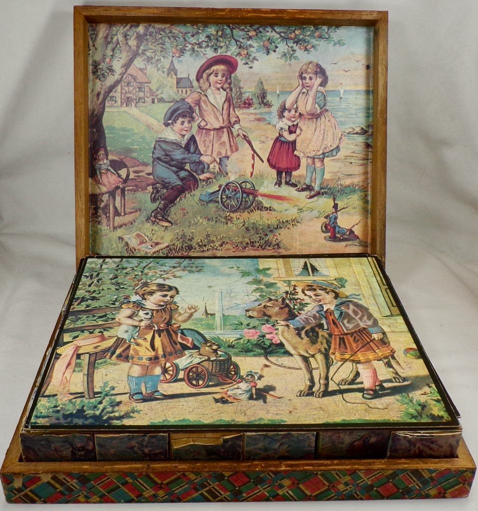 Toy Blocks Wood 6 Pictures Children Playing in OB Lithograph