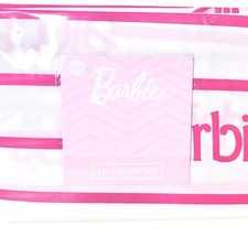 BARBIE   4pc Full Bed Sheet Set 100 Cotton White  Pink Stripes w Barbie Logo