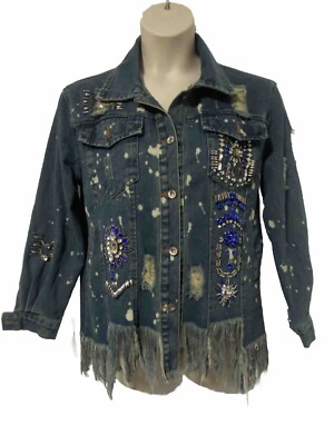 Blue B Collection Denim Jacket Blue Rhinestone Fringe Distressed Wester Medium