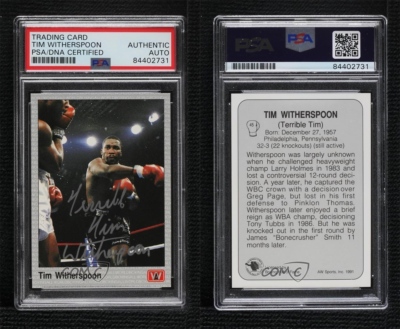 1991 All World Boxing Tim Witherspoon #45 PSA/DNA Certified Authentic Auto