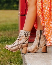 Freebird by Steven Taupe Leather Open-Toe Ankle Heeled Boots Size 10