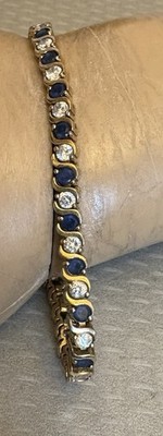 SU 925 Gold Vermeil Tennis Line Bracelet Blue and White Stones 7  sterling