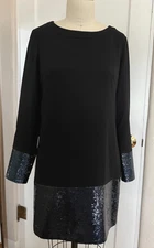 Trina Turk Sequin Mini Shift Dress Sz 6 Black w/ Navy Blue Sequins Long Sleeves