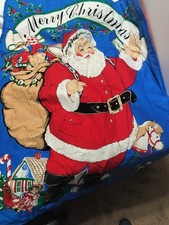 HANDMADE MERRY CHRISTMAS LAP QUILT 40" L X 30" W SANTA W/ SACK TOYS RED BACKING