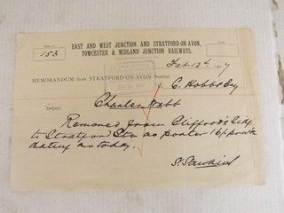 East and West Junction Railway. Memo. Stratford On Avon