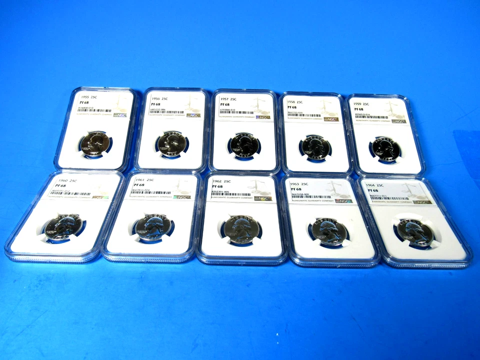 1955 to 1964 P,   10-Coin Set,  Washington Quarters   NGC  Pf 68  Beautiful Set - Image 2 of 4