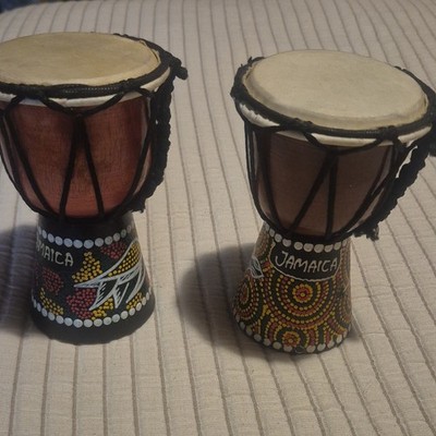2 Wooden Djembe Hand Drums, Pair Analog Goblet Djembes, ''Jamaica'' Design