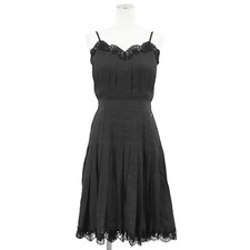CHANEL Lace Trim Pleated Ramie Camisole Dress P55457 Women Size 34 Black