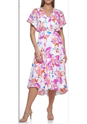 DKNY Womens Midi Printed Smocked Midi Dress White Pink Multi Flatter Sleeve Sz 6