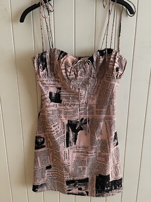 knee length dresses for ladies White Newspaper Print Spaghetti Strap Dress Medium main image 1