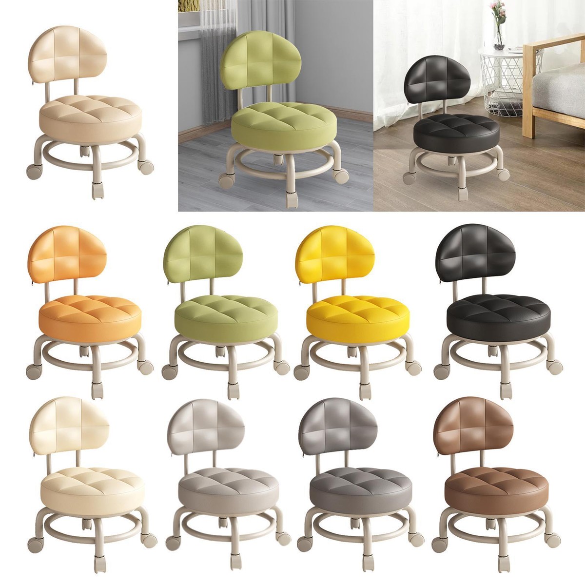 Low Round Rolling Stool Pulley Stool Roller Seat Short Stool with Backrest  for