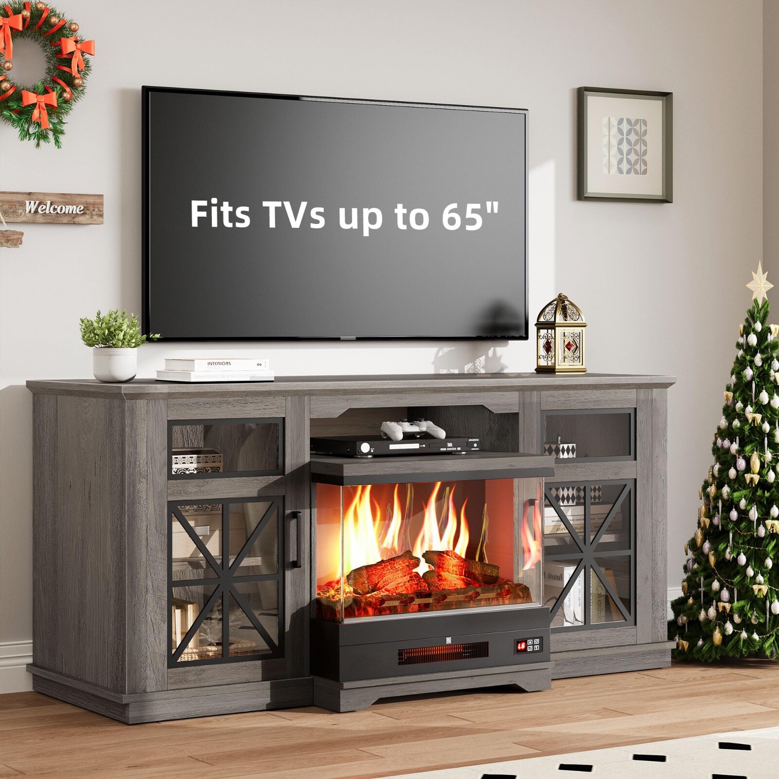 Fireplace TV Stand for TVs up to 65'' Media Console with 3Sided Glass