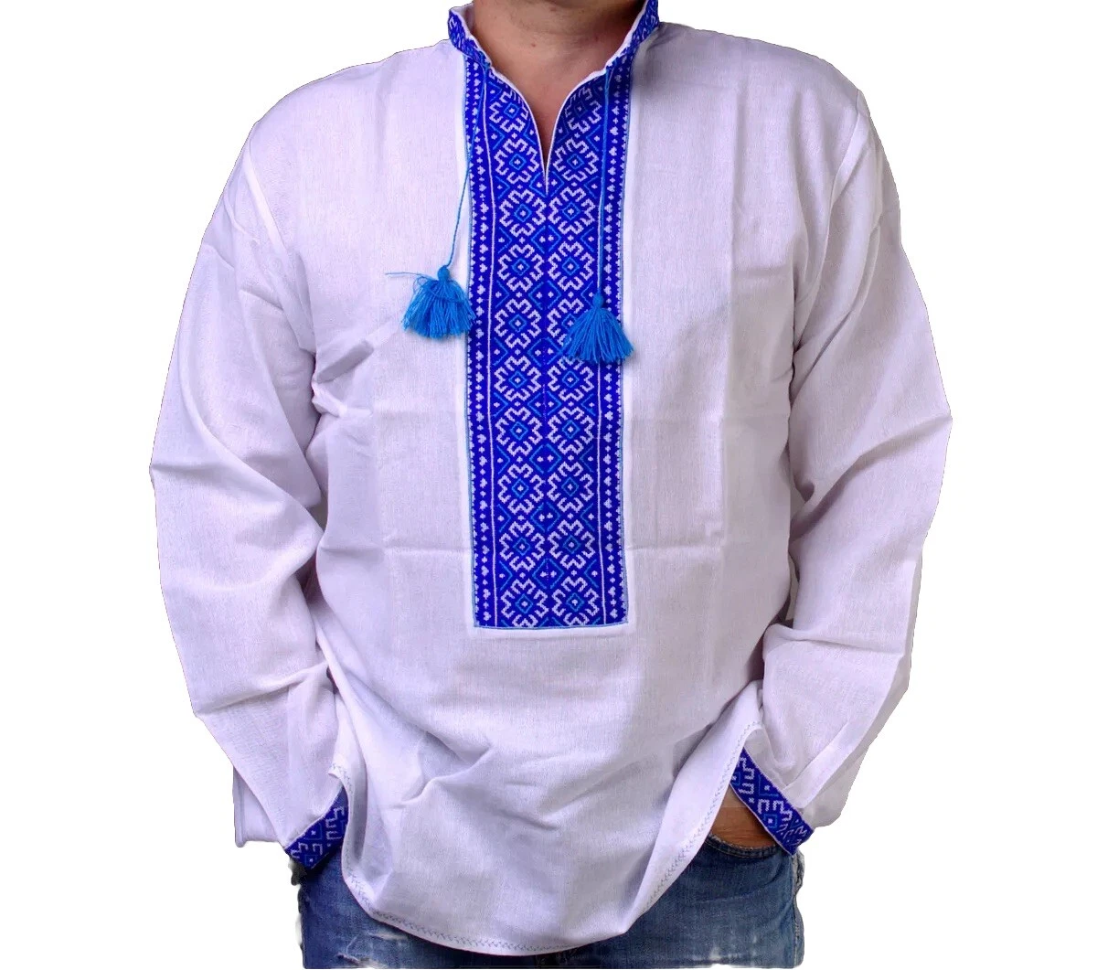 VYSHYVANKA Mens Ukrainian LINEN White SHIRT Blue handmade embroidery