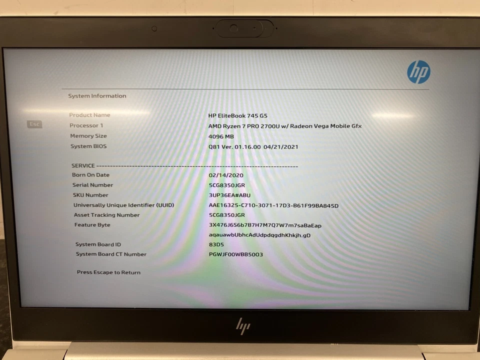 HP EliteBook 745 G5 AMD Ryzen 7 Pro-2700 4GB DDR4/256GB HDD BIOS LOCKED EG1602 - Image 3 of 4
