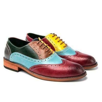 Brogue Men's Dress Shoes Formal Colorblock Patchwork Wing Tip Carved Splicing SZ