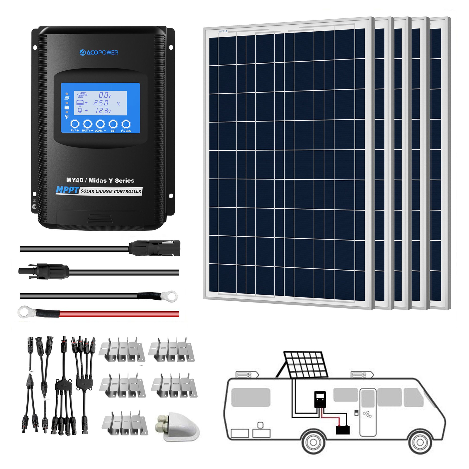Van-Life Power 500W 12V  Poly Solar RV Kits, 40A MPPT Charge Controller