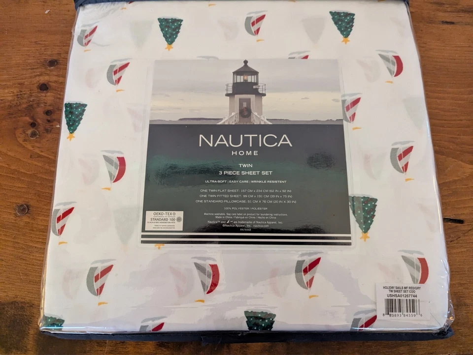 Juego de sábanas dobles Nautica Holiday Sails velero árbol nuevo funda de almohada plana ajustada Foto 2 de 4
