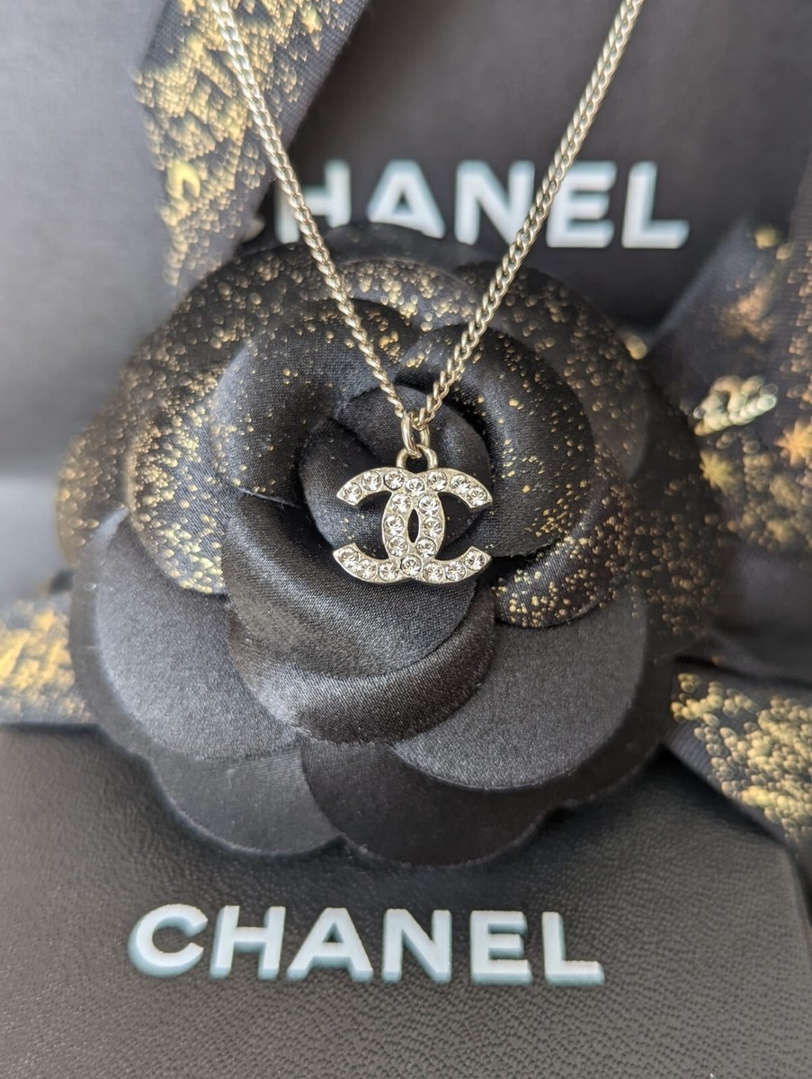 Authentic RARE Chanel CC F12V logo classic timeless crystal necklace box  receipt 