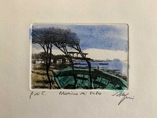 SALVATORE MAGAZZINI incisione colorata a mano  Marina di Vulca 35x25 firmata 