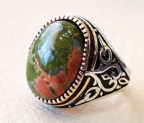 УНАКИТ ЯШМА ДРАГОЦЕННЫЙ КАМЕНЬ 925 ПРОБЫ ОСМАНСКИЙ ТУРЕЦКИЙ ТЯЖЕЛОЕ МУЖСКОЕ КОЛЬЦО - Изображение 3 из 4