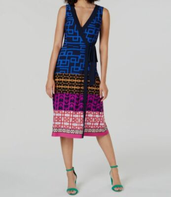 $268 Trina Turk Women's Blue Geo-Printed Sleeveless Side Tie Wrap Dress Size 4