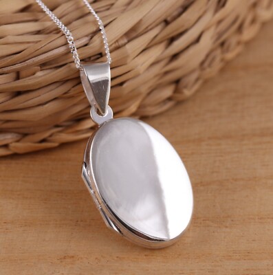 Massiver 925 Sterling Silber Oval Foto Medaillon Anhänger Halskette Kette Geschenk Verpackt