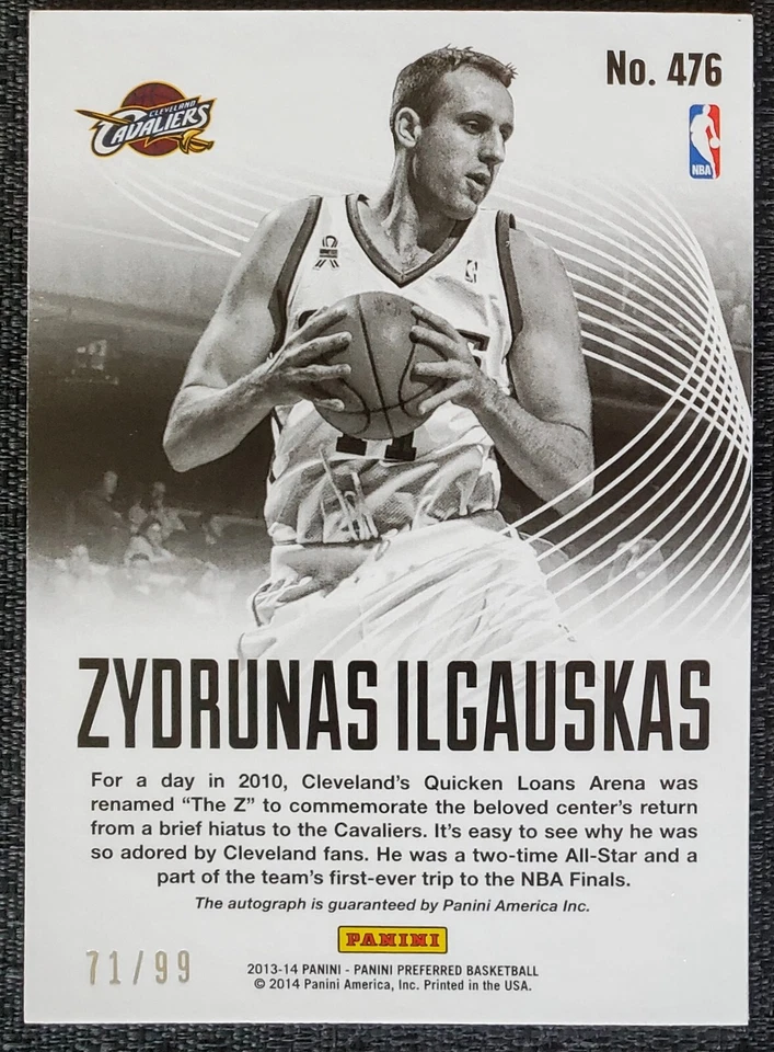 2014 Zydrunas Ilgauskas #71/99 Autógrafo Cavaliers Panini Preferred NBA #476 Foto 2 de 2