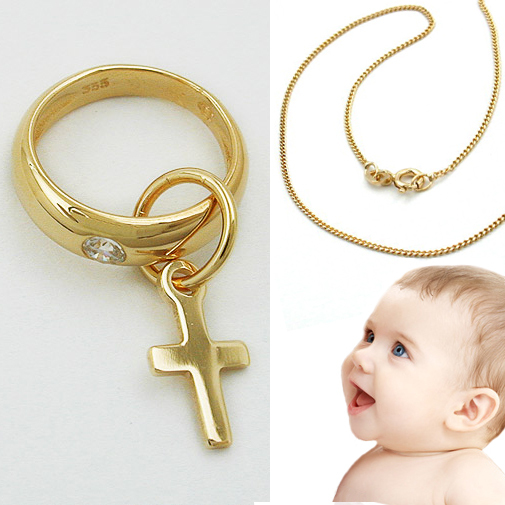 Baby Taufe Echt Gold 585 Zirkonia Taufring Mit Kreuz AnhäNger Und Kette 925 Vg-image