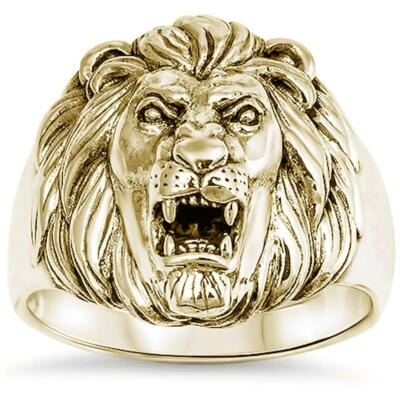 Yellow Gold Plated Men's Lion Signet .925 Sterling Silver Ring