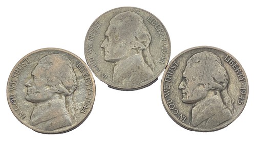 銀貨　2枚　アメリカ　1945 1944 1944-S Silver Jefferson Wartime Nickel “Best Value On EBay” FAST
