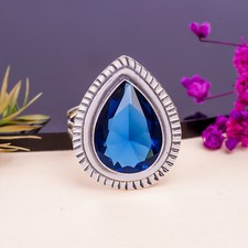 Blue Sapphire Simulated Gemstone 925 Sterling Silver Ring Handmade Jewelry Gift.