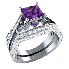 925 Sterling Silver 1.85 Ct Simulated Purple Amethyst Engagement Bridal Ring Set